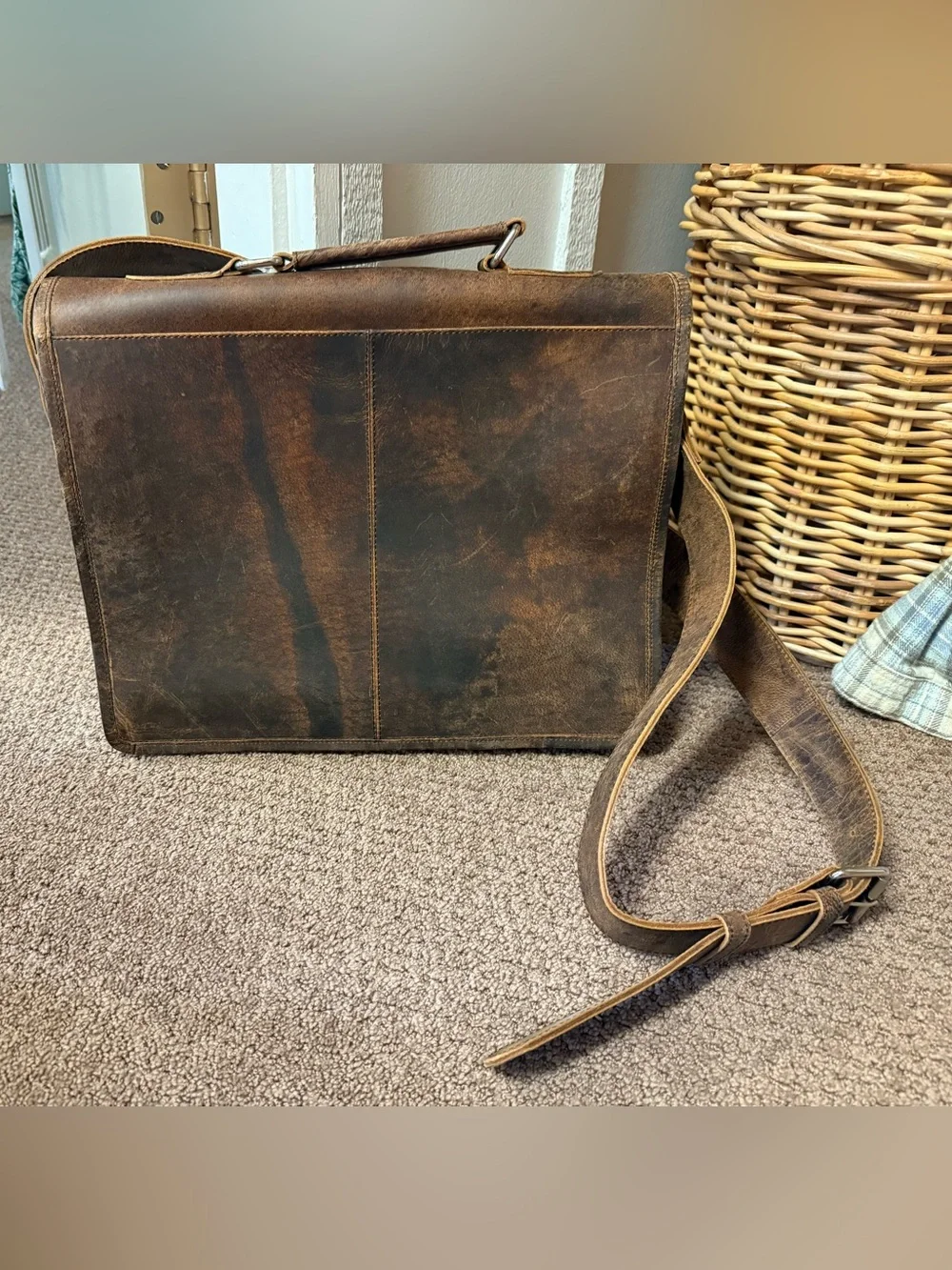 Distressed Brown Leather Briefcase Messenger Bag